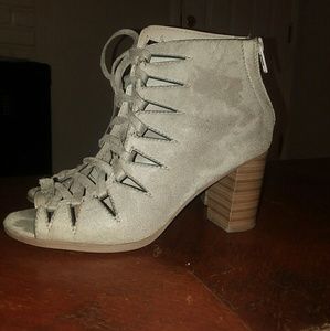 Soda grey suede tie up booties. Size 8. Comfy